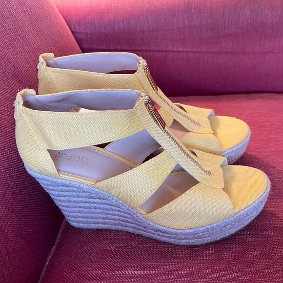 Michael Kors Shoes - Michael Kors Yellow Canvas Espadrille Wedge Sandals Gold Zip Size 8.5 M Heels
